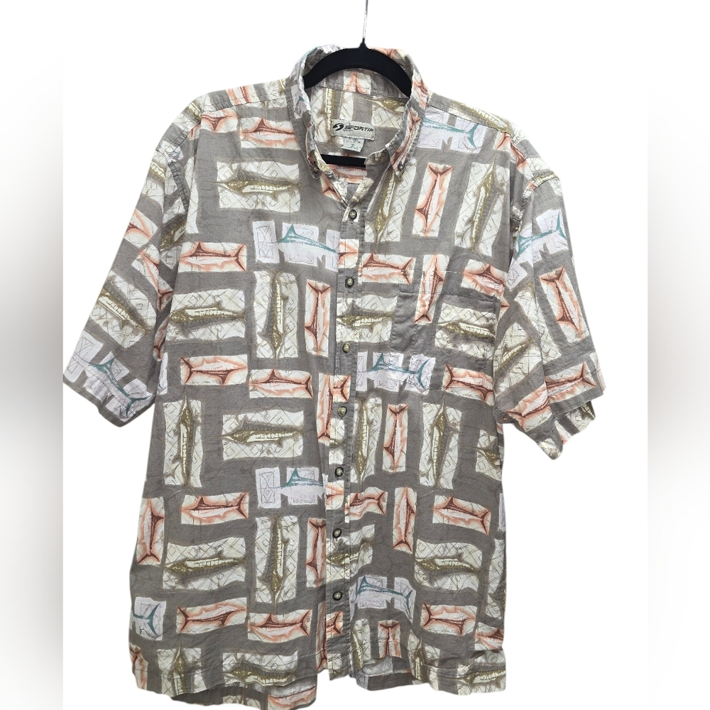 Sportif USA Fish Print Button Up Shirt Men's L 100% Cotton Costal‎ Beach Resort